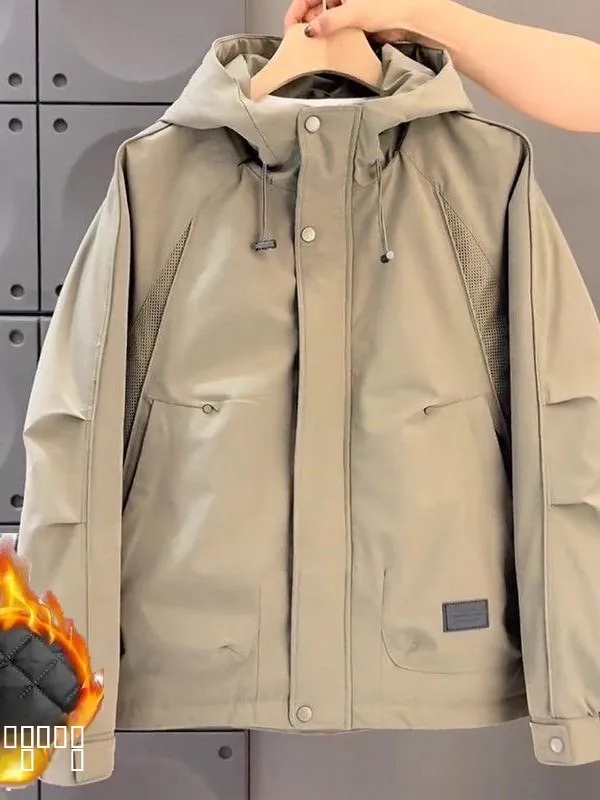 

Men's Warm Cotton Jaet Hooded Workwear Casual Versatile Outerwear Trendy Youth Faionable Long Sve Zipper Closure Coat