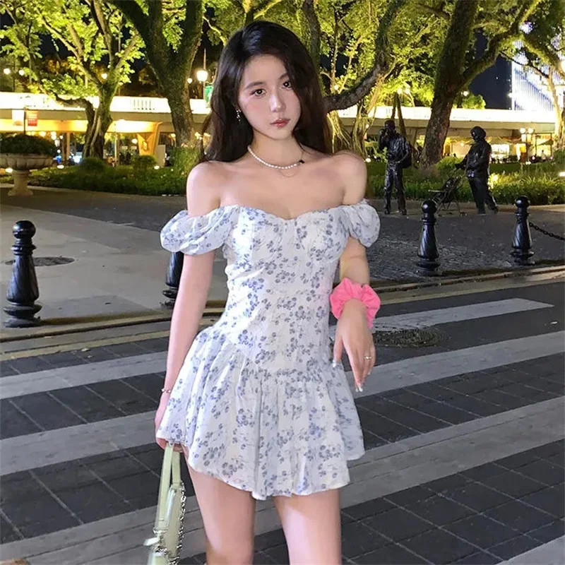 Fashion Sexy Camis Short Dress Women Puff Sleeve Silm Mini Dresses Casual Backless Floral Square Collar Shirt Print Y2k Clothes