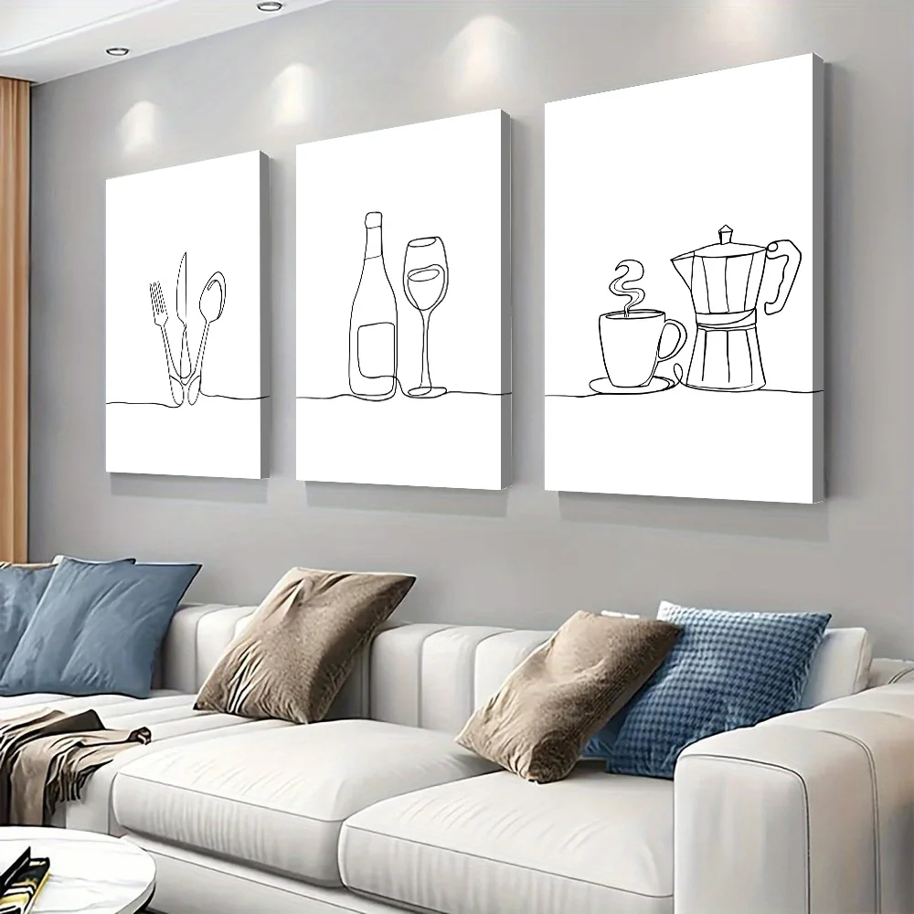 3-piece set of modern minimalist kitchen decoration paintings, single line knives, forks, spoons, frameless canvas paintings, re