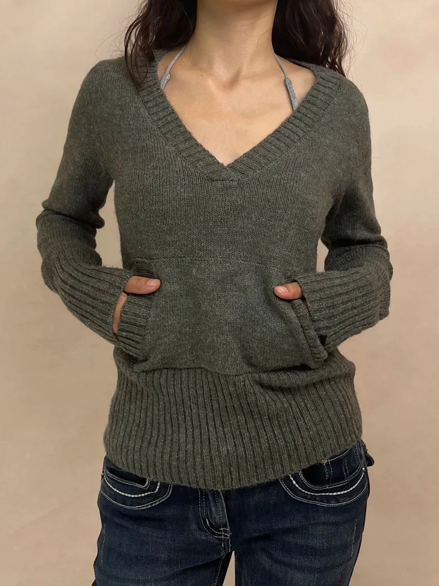 

Однотонный хлопковый вязаный свитер, женский тонкий пуловер с карманами и v-образным вырезом и длинными рукавами, американский винтажный уличный джемпер в консервативном стиле, топы