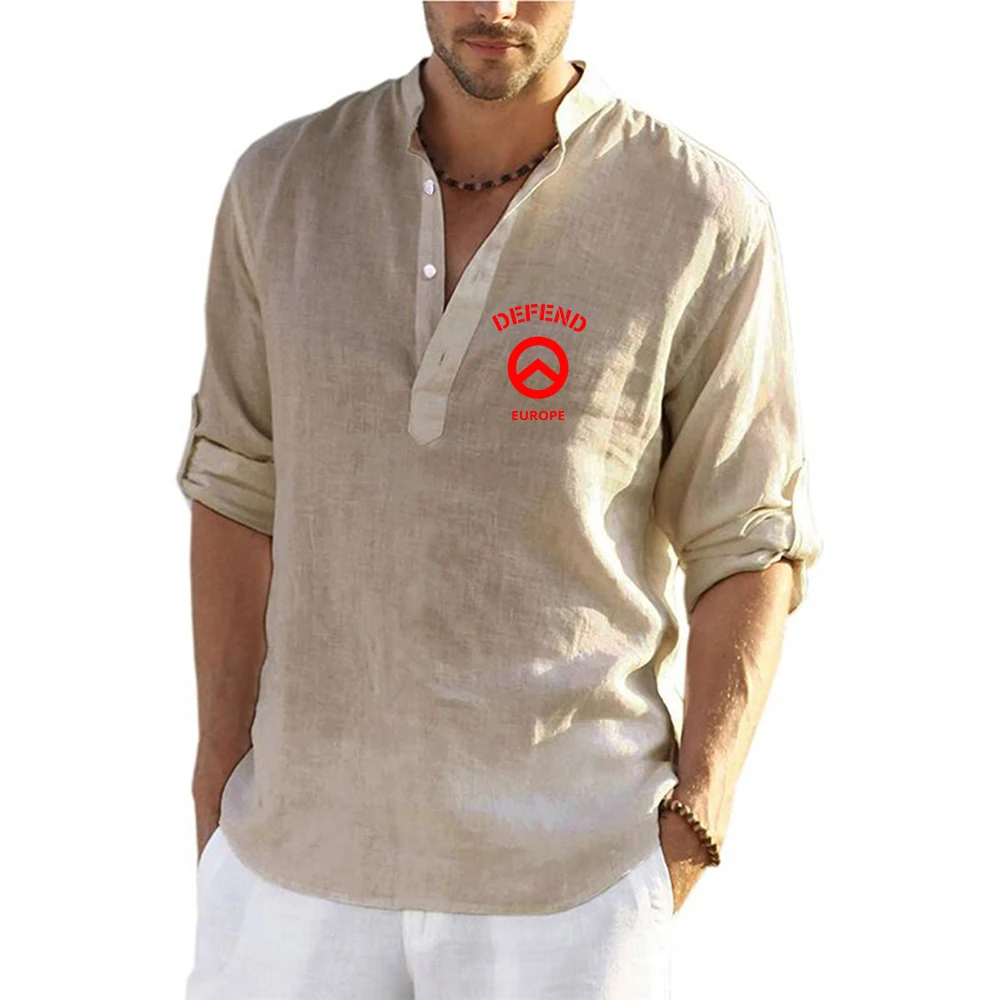 Defend Europe Men Lightweight Shirts Long Sleeve Cotton Linen Shirts for Men Beach Shirts Breathable Collar T shirts