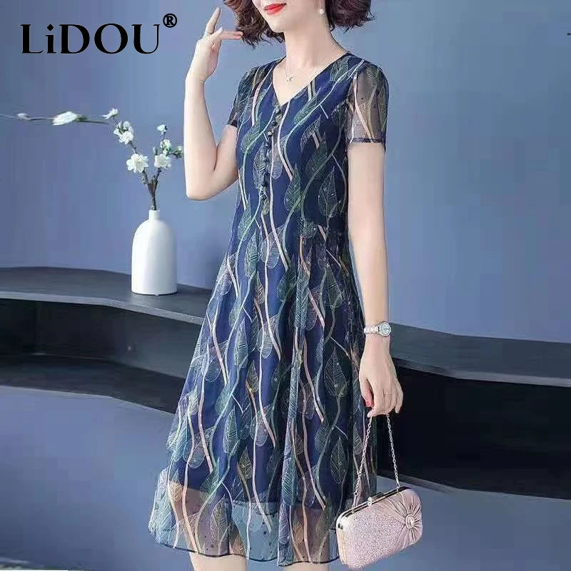 

Summer Elegant Fashion Chiffon Print Dress Women V Neck Short Sleeve Loose Casual Vestidos De Fiesta Aesthetic Chic Robe Femme