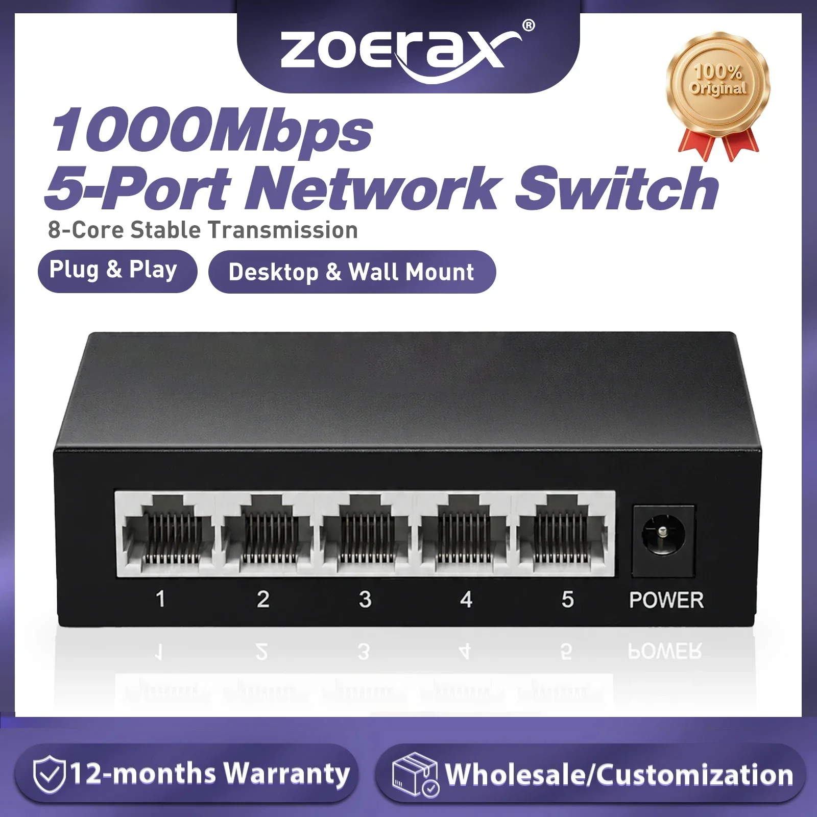 

ZoeRax 5-Port Gigabit Unmanaged Ethernet Switch 1000Mbps RJ45 Plug and Play Network Hub for Home Office IP Camera Surveillance