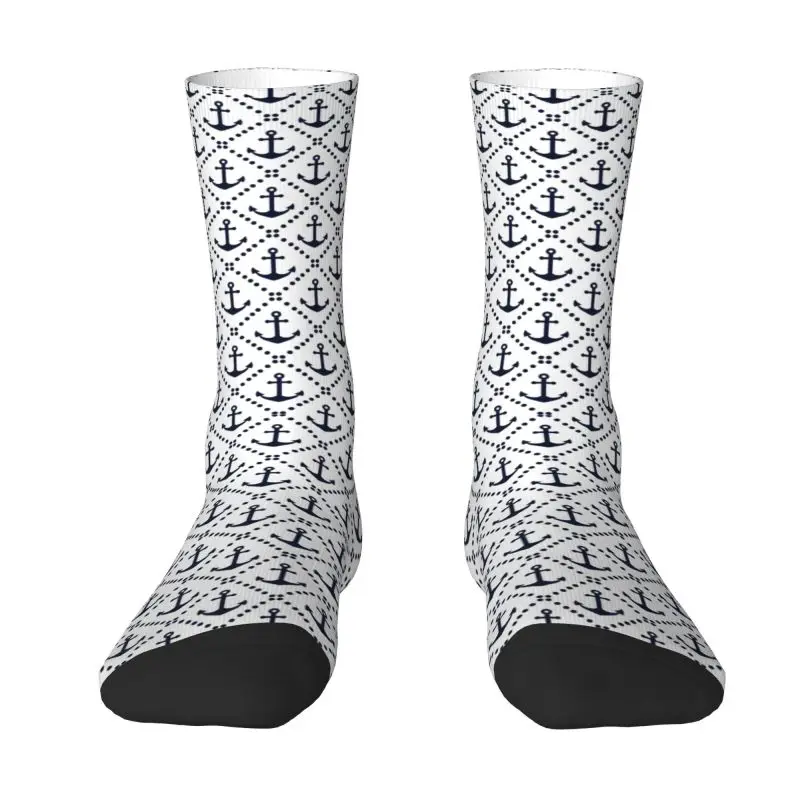 Navy Blue Nautical Anchor Pattern Men's Crew Socks Unisex Funny Sailing Sailor Spring Summer Autumn Winter Dress Socks