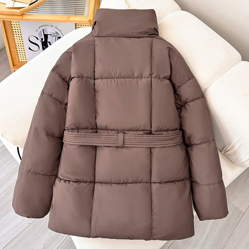 Veste en coton rembourré avec ceinture pour femme, parkas monochromes, vêtements de neige chauds pour femme, manteau épais, vêtements d'hiver, 2024