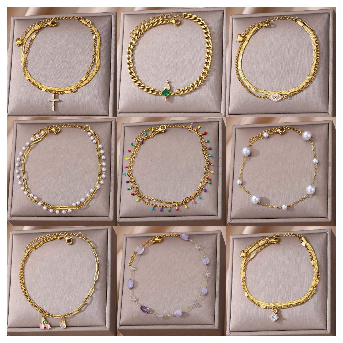 خلاخيل بوهو ملونة من الفولاذ المقاوم للصدأ للنساء ، حبات الزركون المتقاطعة الفاخرة ، سلسلة مزدوجة ، هدية مجوهرات الشاطئ الصيفية ، قطرات #1