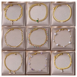 Stainless Steel Colorful Boho Drops Anklets For Women Luxury Zircon Cross Beads Anklet Double Chain Summer Beach Jewelry Gift