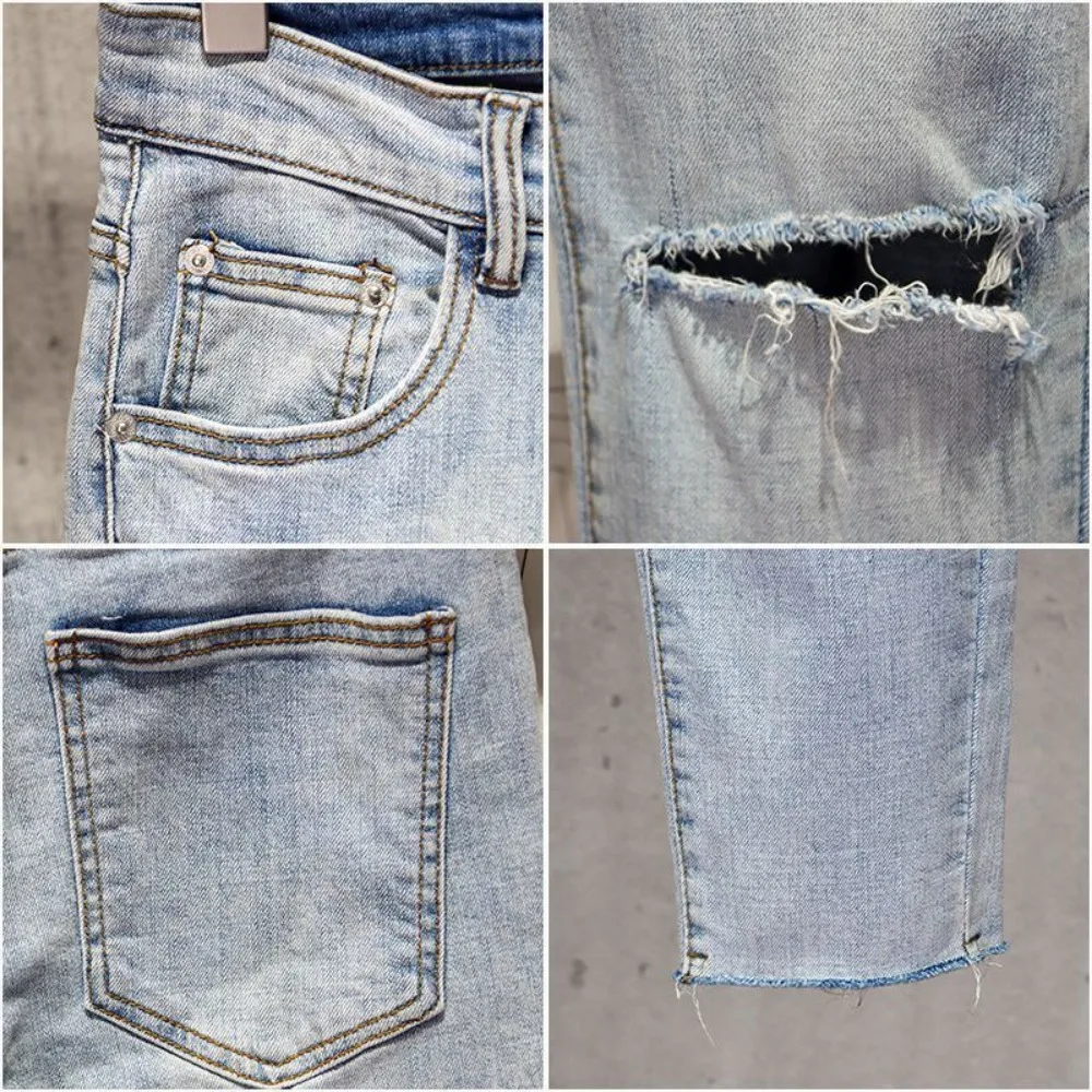 Nieuwe 2023 Zomermode Lichtgekleurde Stretch Casual Luxe Designer Boyfriend 90S Hiphop Blauw Kniegat Skinny Jeans Voor Heren