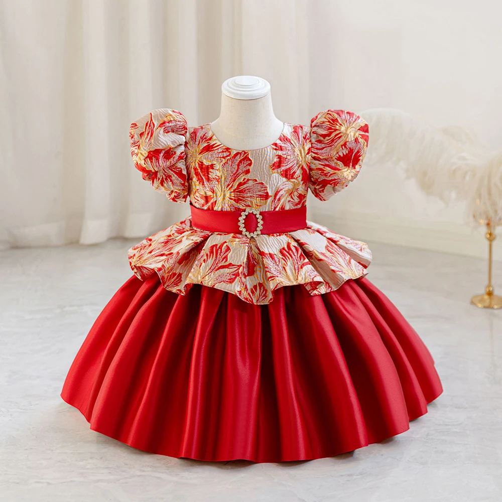 

Hetiso Girls Wedding Satin Princess Dress Retro 1 Year Birthday Baby Party Ball Gown for Bridemaid Kids Clothing