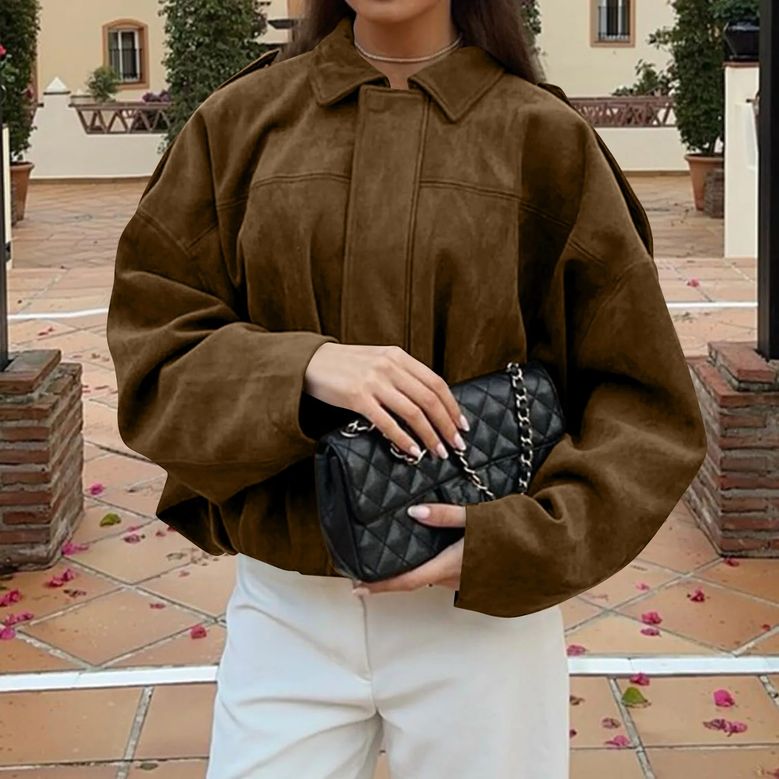 

Women's Army Elegant Bomber Jackets Coats Fashion Turn-down Collar Long Sleeve Loose Coats Vintage Female Outerwear Chic Tops