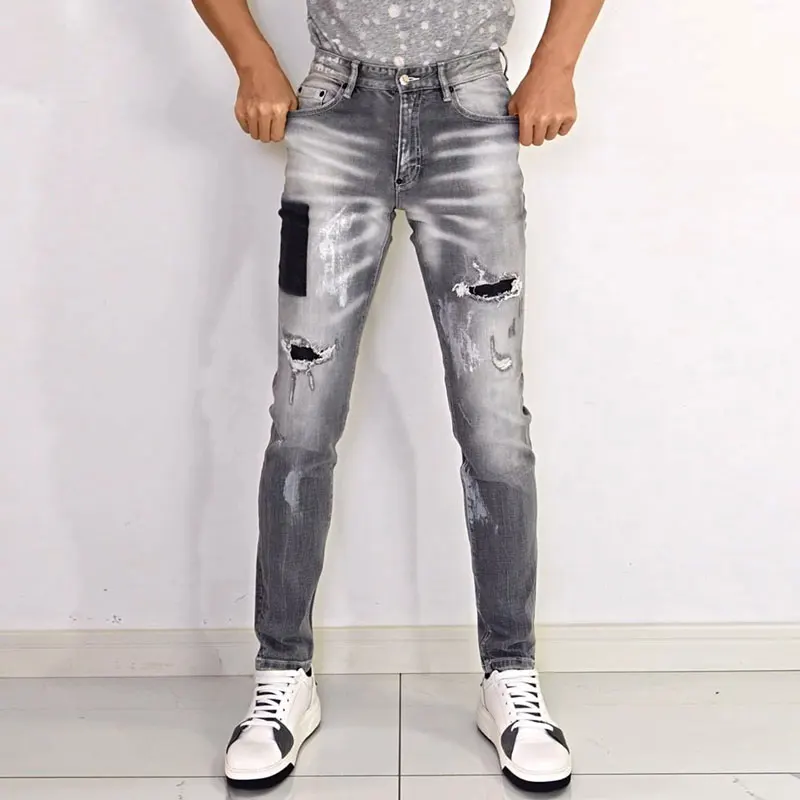 Men Grey Washed Ripped Skinny Jeans Mid Waist With Washed Patch Stretch Slim Fit Denim Casual Long Trousersy2k