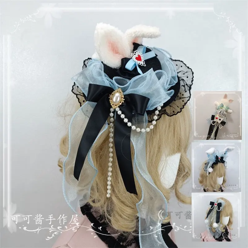 Black and Blue Lolita Headwear Cute Rabbit Ear Headband KC Handmade Alice Hair Accessories Bow Top Hat