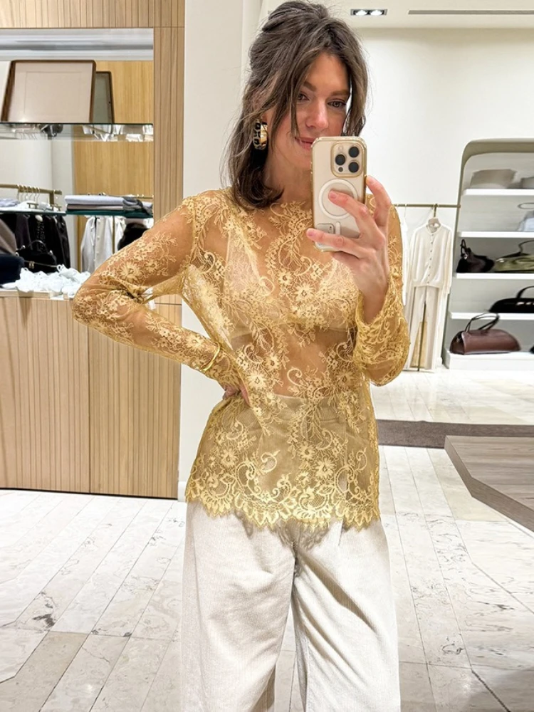 Fashion Sexy See-through Lace Tops Tees Night Club Party T-shirts Women's Long Sleeve Transparent Bottoming T Shirt Streetwear