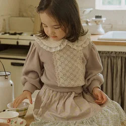 2023 Autumn New  Korean Children's Girls' Fashionable Neck  Lace Edge Loose Short Sweater  Kids Clothes Girls Clothes