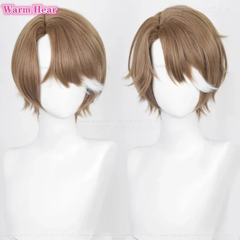 Game HSR Welt Yang Synthetic 30cm Brown Highlights White Cosplay Anime Wig Glasses Heat Resistant Fibre Halloween Wigs + Wig Cap