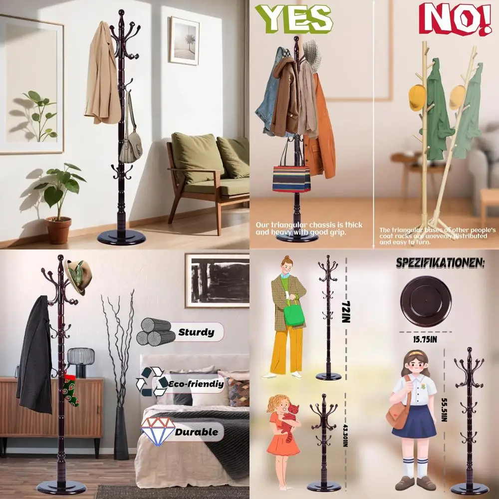 رف معطف شجرة قائم بذاته بارتفاع قابل للتعديل للمنزل وغرفة النوم - قاعدة خشبية مستديرة ثابتة