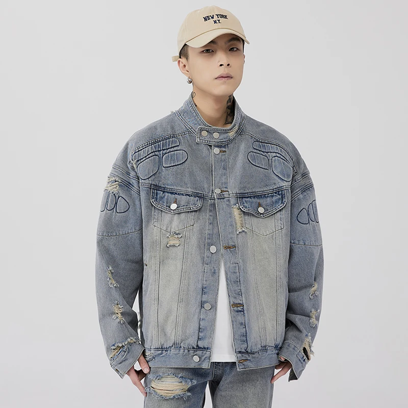 New washed distressed denim jacket for men fashion trend label loose oversized American retro workwear casual hip-hop denim top