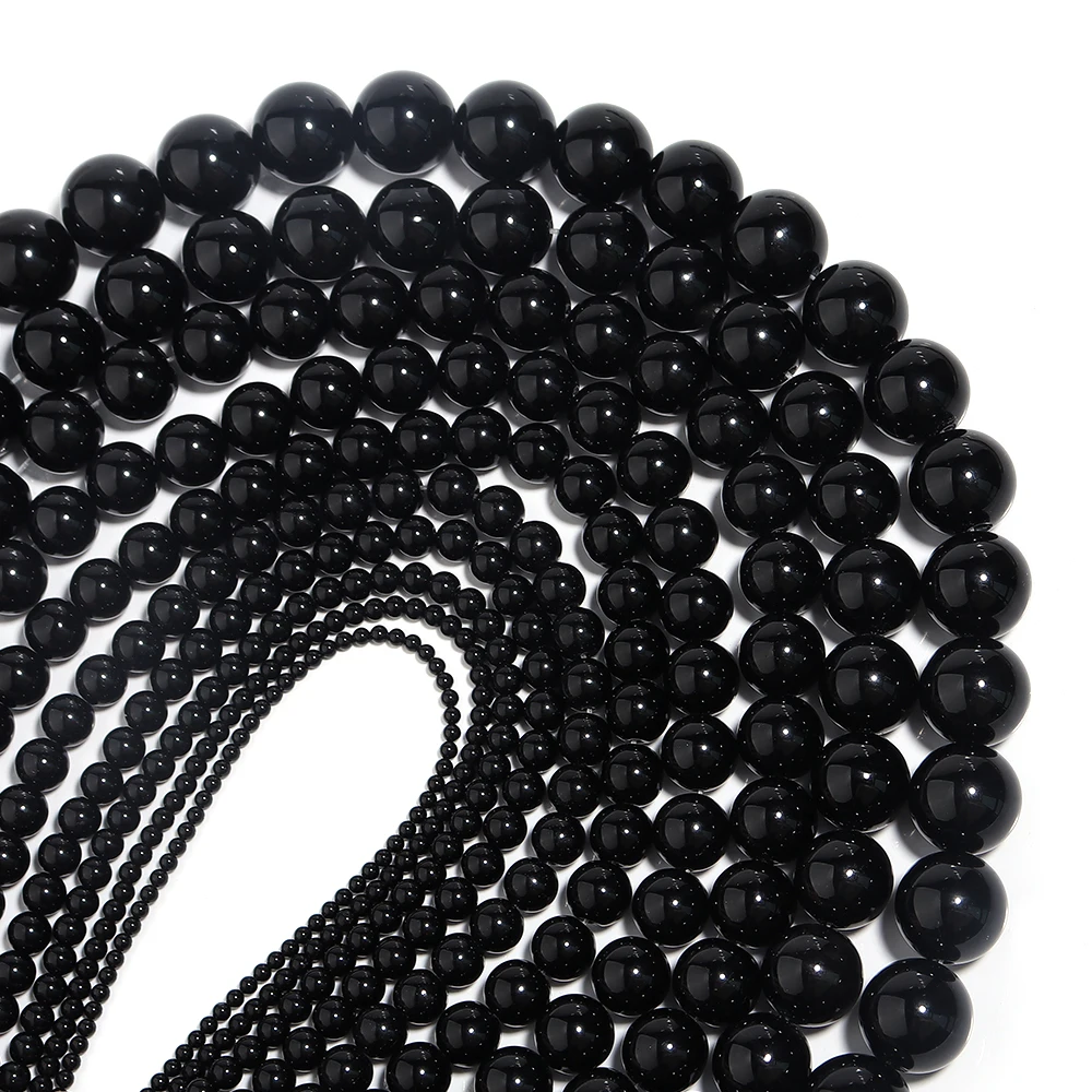 1strand/lot 2-20 mm Natural Stone Smooth Glisten Black Glass Bead Loose Spacer Bracelet Beads Supplier For Jewelry Making