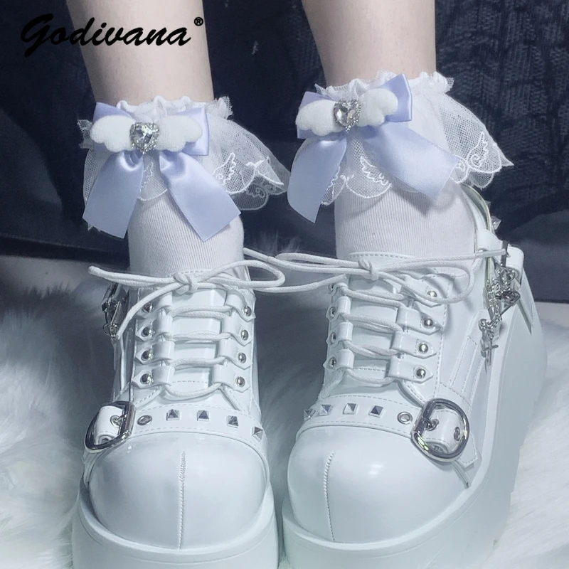 

Japanese Style Mine Bowknot Wings Rhinestone Lace Cotton Socks Student Girls All-match Lolita Mid-Calf Socks Women JK Socks