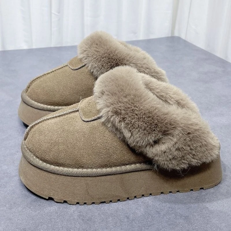 Thick Bottom Round Head Plus Cotton Warm Waterproof Table Fashion All-match Comfortable Non-slip Breathable Women's Slippers