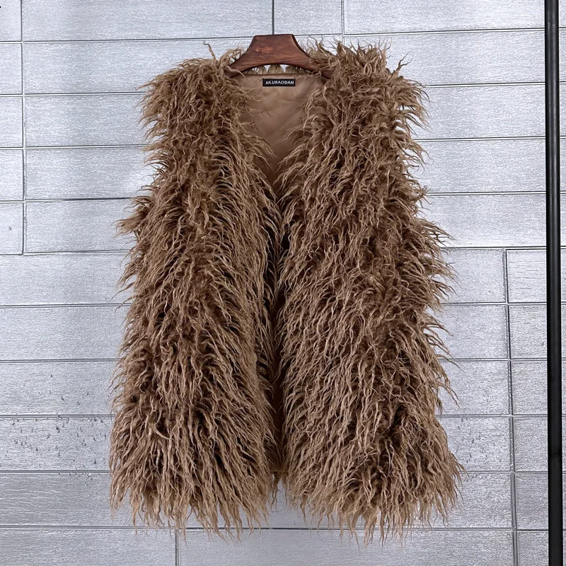 

Faux Fur Beach Wool Vest Coat Women Autumn Winter New Mid Length Imitation Fur Vest Jacket Fashion Solid Color Warm Women Coat