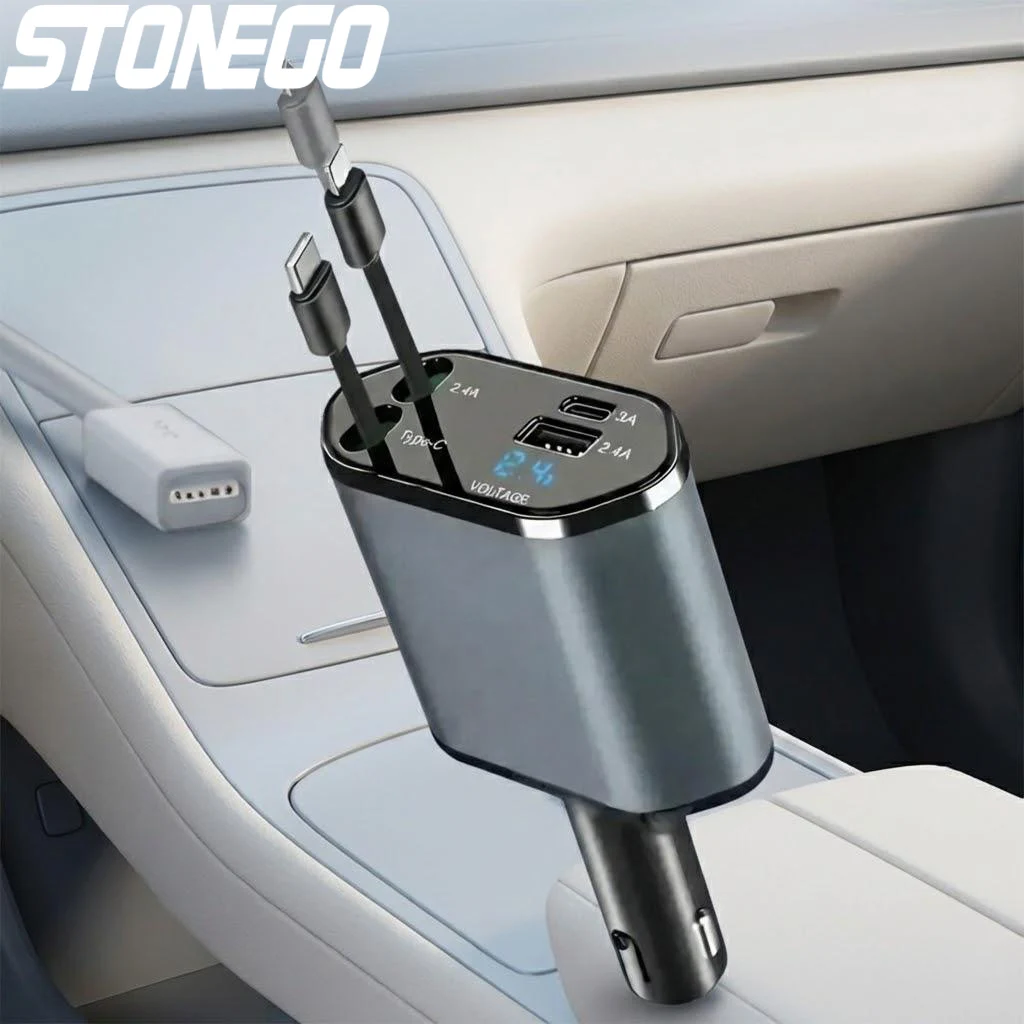 

120W Super Fast Car Charger Telescopic Cable Multifunctional Cigarette Lighter Splitter Dual USB Charging Adapter