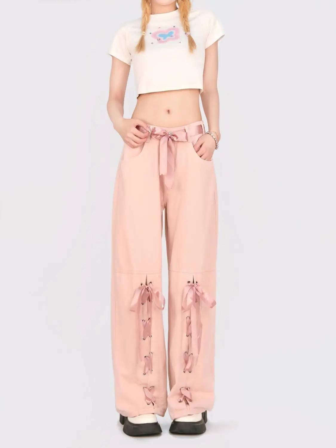 الشارع الشهير الدانتيل يصل الحلو الوردي الدوبامين Y2k الجينز النساء فضفاض Harajuku 90s الجمالية سراويل جينز خمر بنطال ذو قصة أرجل واسعة