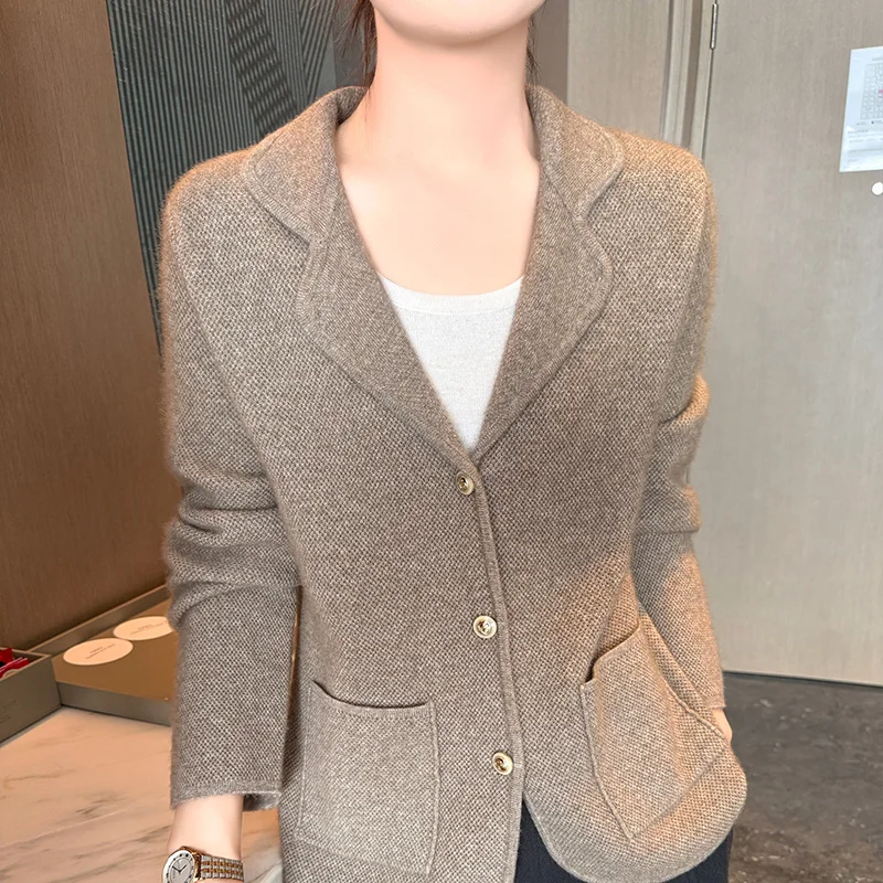 Autumn Winter New Cashmere Sweater Women's Suit Collar Knitted Cardigan 100% Merino Wool Thick Tops Fashionable Honeycomb Jacket