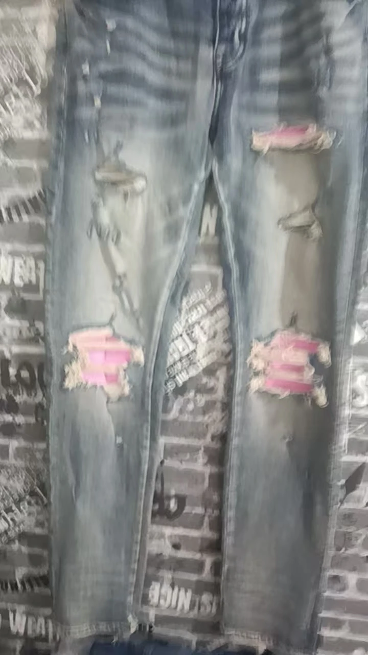 American High Street Fashion New Light Blue Men's Jeans Perforated Patch Washed Nostalgic Elastic Tight Cone Pants Y2K