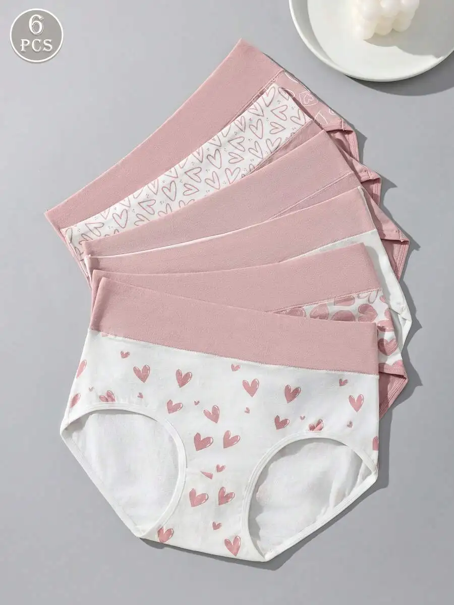 

6-Pack Women’s High-Waisted Cotton Briefs With Pink Heart Pattern, Soft Comfortable Underwear For Everyday Wear