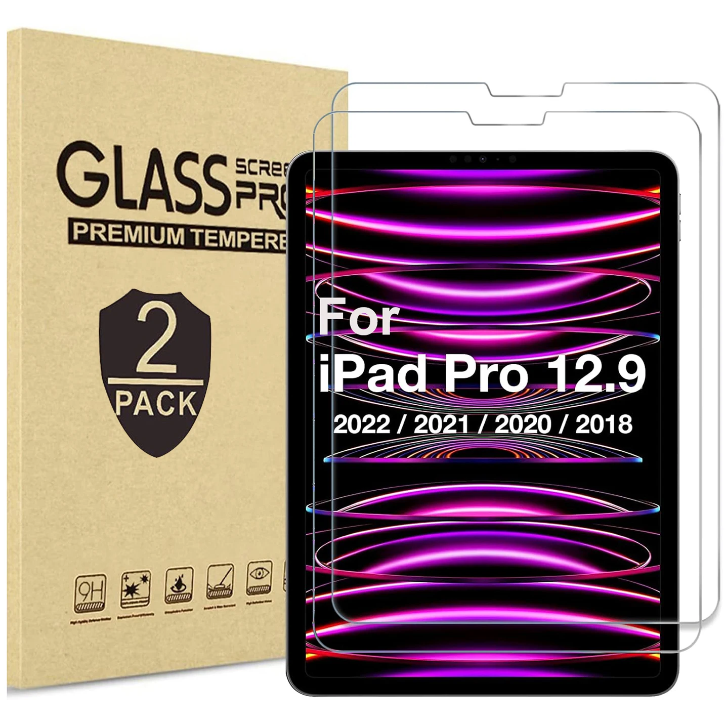 

2 шт., закаленное стекло 9H для iPad Pro 12,9 дюймов, 2018/2020/2021/2022, прозрачная защитная пленка для экрана, защитная пленка от царапин