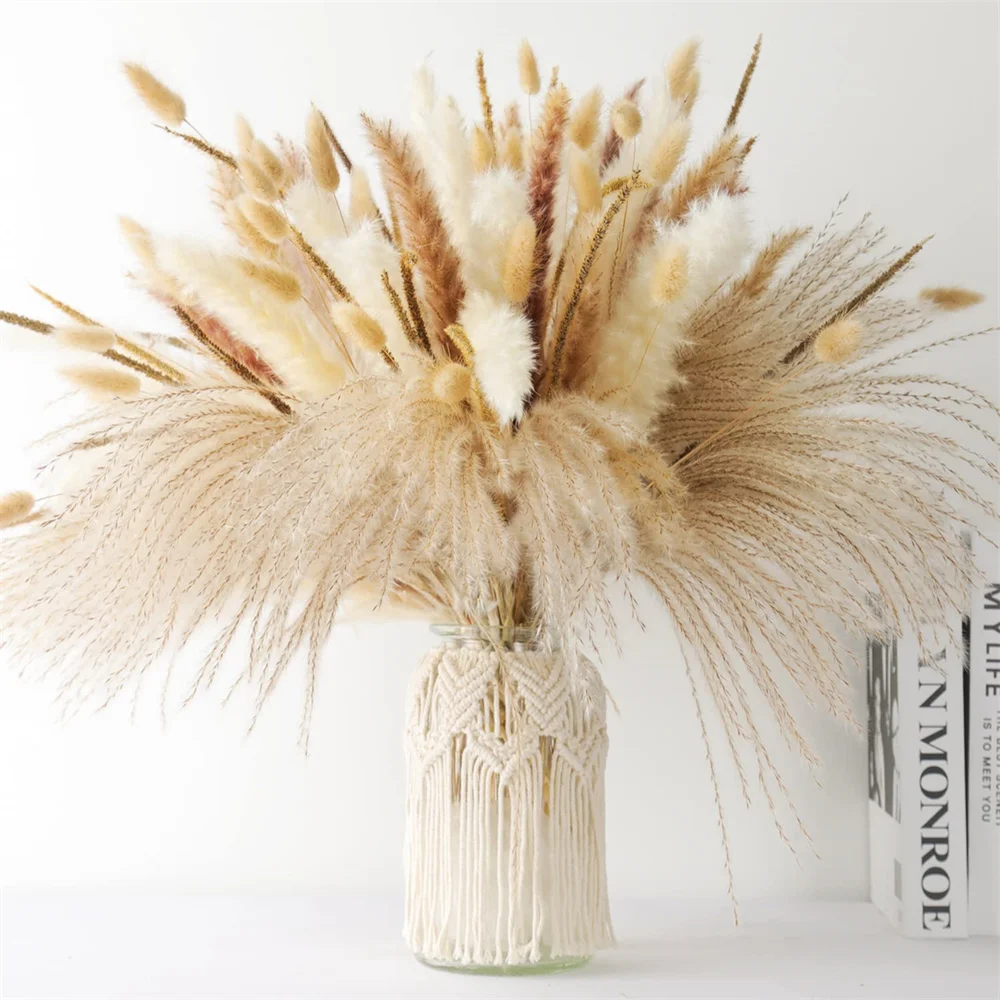 Flores secas de hierba de Pampas para decoración del hogar, jarrón con Pompas de hierba, decoración bohemia de boda, ramo de Pampas Natural, decoración de jardín, 120 piezas