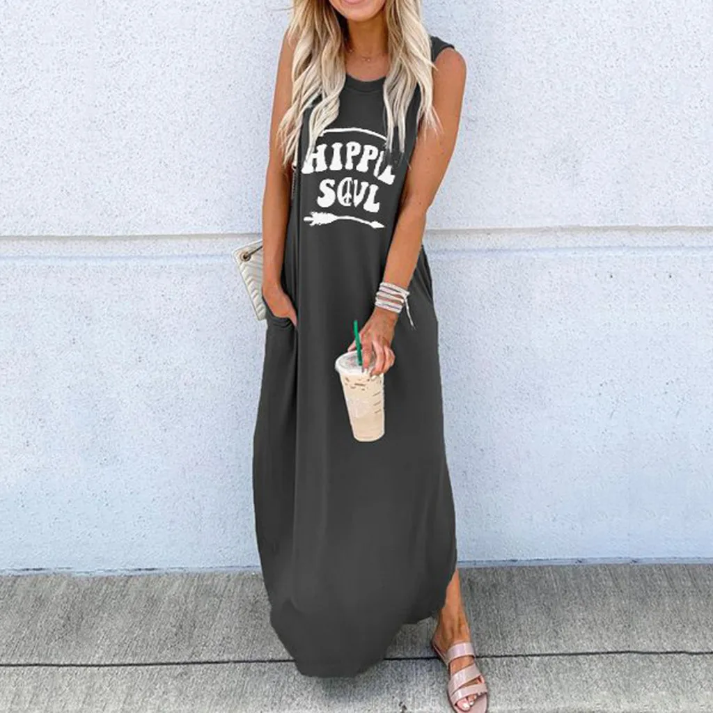 

Fashion Loose Straight Long Maxi Dress Women Daily Casual Letter Printed Sleeveless Ankle Length Dress Muticolored Summer Dress