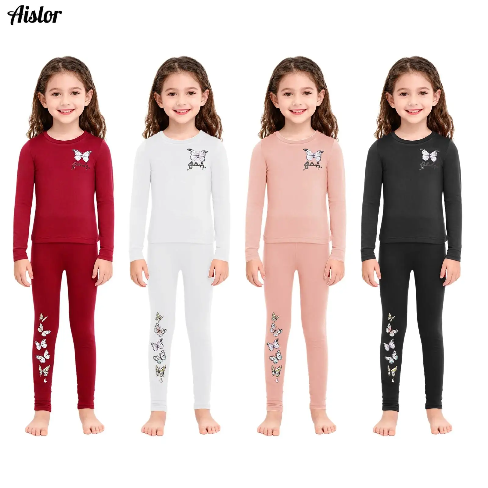 

2Pcs Kids Girls Thermal Underwear Set Butterfly Print Sleepwear Round Neck Long Sleeve Top with Leggings Homewear Loungewear