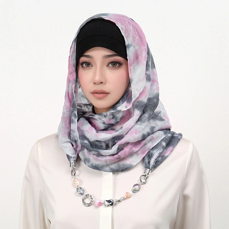 

New Arrival Watercolor Digital Print Chiffon Hijab Scarf Necklace for Woman Muslim Hijab Headband Lady Colorful Islamic Turban
