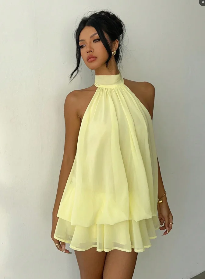 Vestido de Verano para Mujer, Entallado, Sexy, Sin Espalda, Halter, Cintura con Lazada, Color Sólido, Versátil, Elegante y Cómodo 3