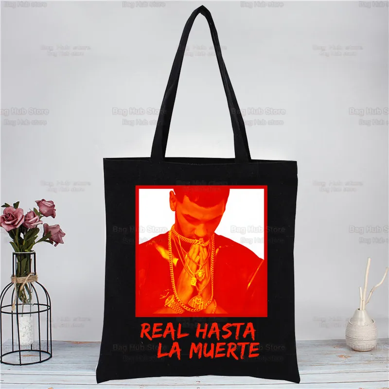 Anuel AA Anuel Vintage Hasta La Muerte Black Canvas Bag Casual Large Hand Bags Women Shopping Handbag Print Large Capacity Bag