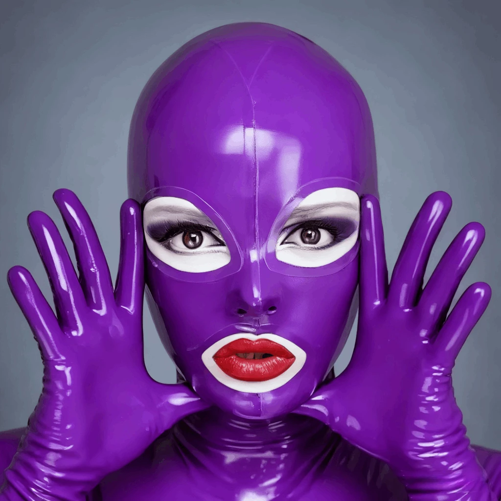 Lateksowy kaptur fioletowy maska z otwartymi oczami gumowa nakrycie głowy otwarty pysk moda impreza klubowa cosplay