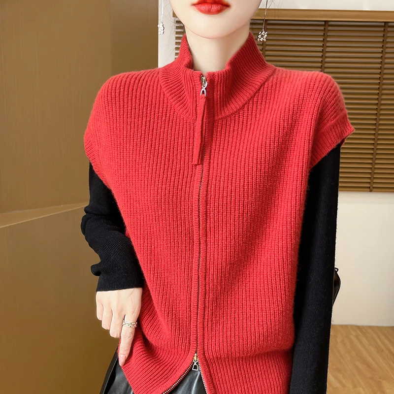 Autumn Winter New 100% Wool Vest Women\'s Half High Neck Knitted Zipper Cardigan Casual Sleeveless Camisole Fashion Korean Tops