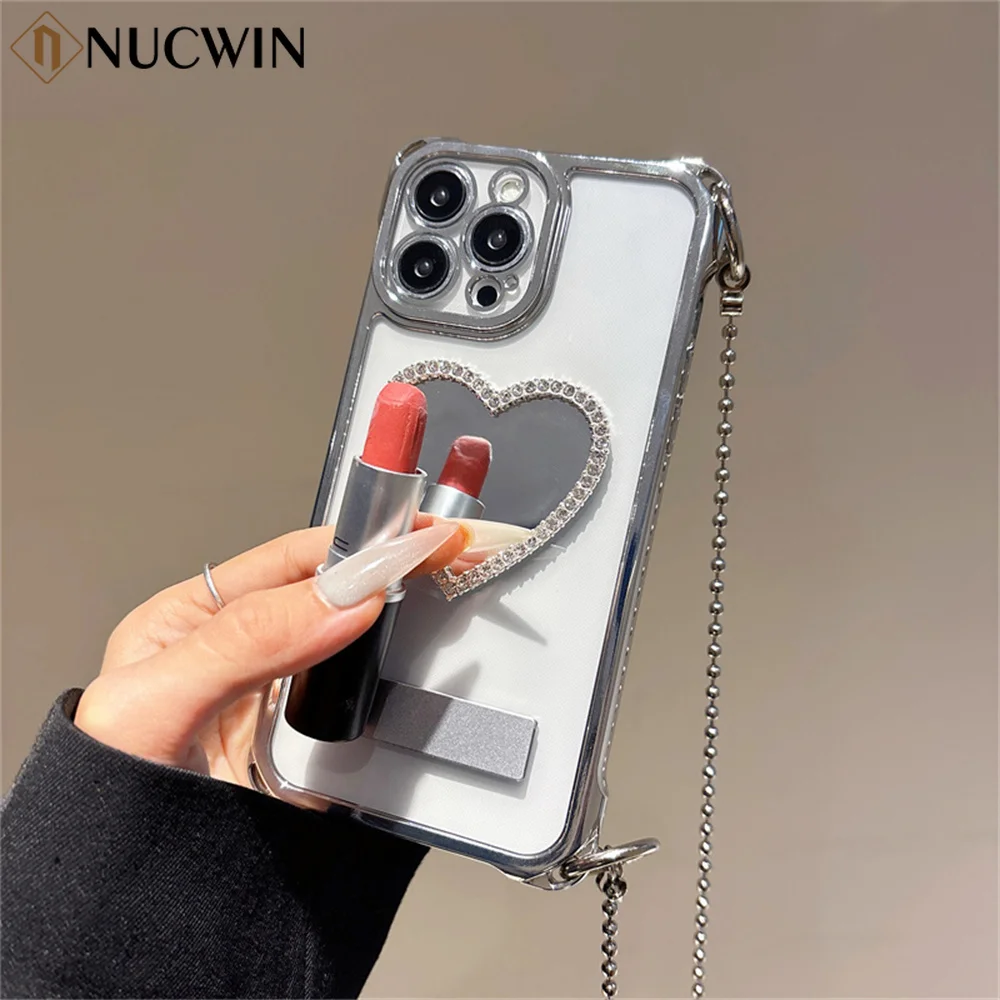 Galvanisierte Liebesspiegel-Halterungshülle für iPhone 16, 15, 14, 13, 12, 11, Pro Max Plus, vier Ecken, sturzsichere Lanyard-Armbandabdeckung
