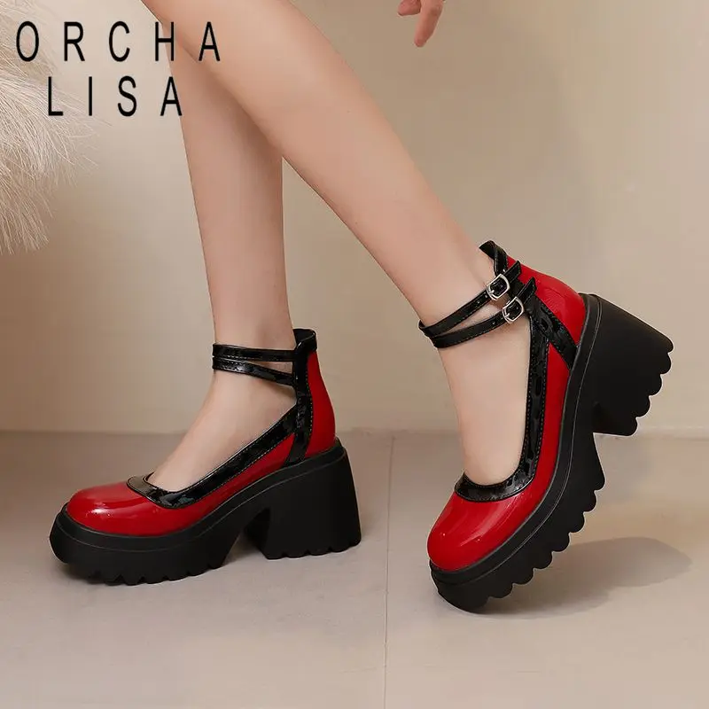 

ORCHALISA Модные женские туфли-лодочки с круглым носком, на каблуке 8 см, на платформе, с двойной пряжкой, разноцветные, повседневные, для девушек, в стиле Мэри Джейн