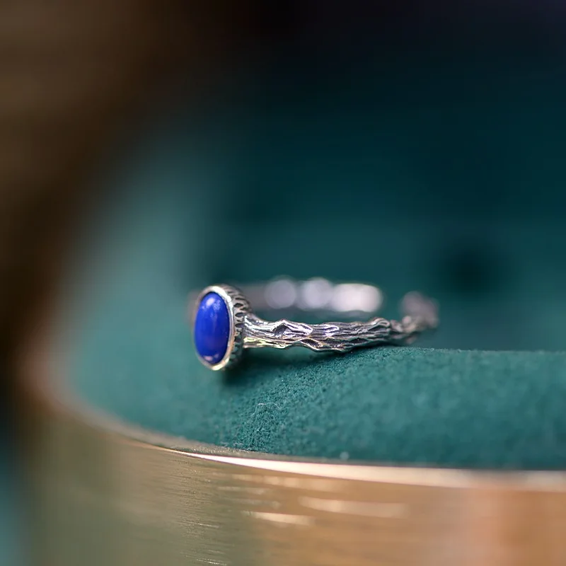 

Ethnic Thai Silver Branch Rings for Women 925 Sterling Silver Vintage Jewelry Oval Natural Blue Lapis Ring Trendy MINI Tail Ring