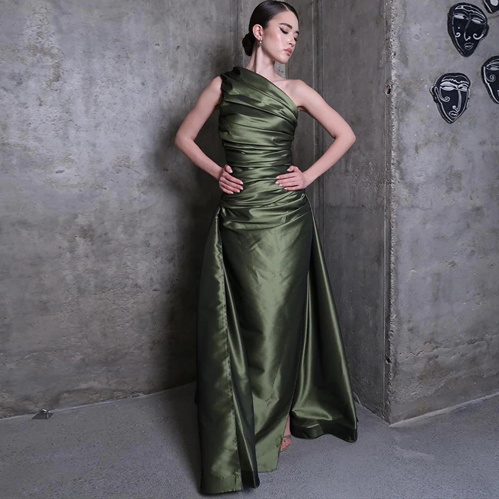 

Formal Green Satin Evening Dress Graceful Panel Train Prom Dresses Fashion One Shoulder Customized Special Occasion Gowns