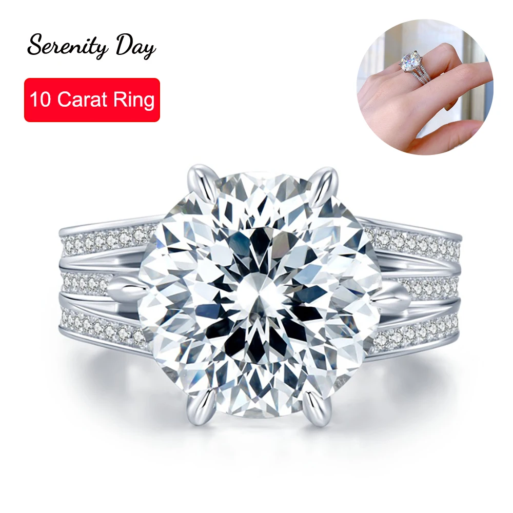 Serenity Day S925 Sterling Silver Band Jewelry 10 Carat High Carbon Diamond Ring Fireworks Cut Luxury Ultra Flash For Women Gift