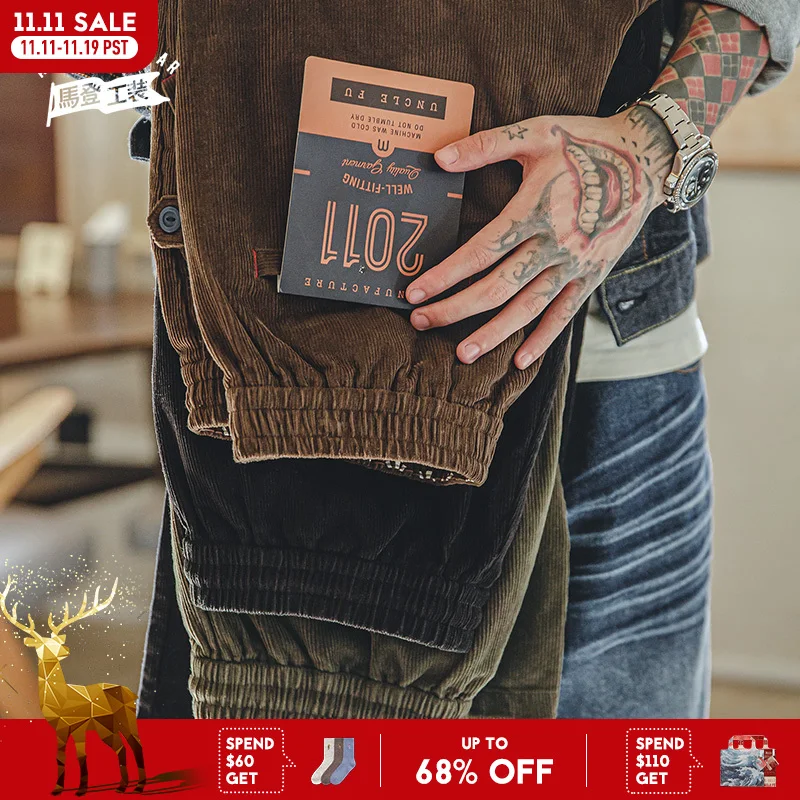 

Брюки вельветовые зауженные на резинке,Мужские вельветовые брюки Maden с эластичным поясом в винтажном стиле, свободные прямые повседневные брюки-трубы