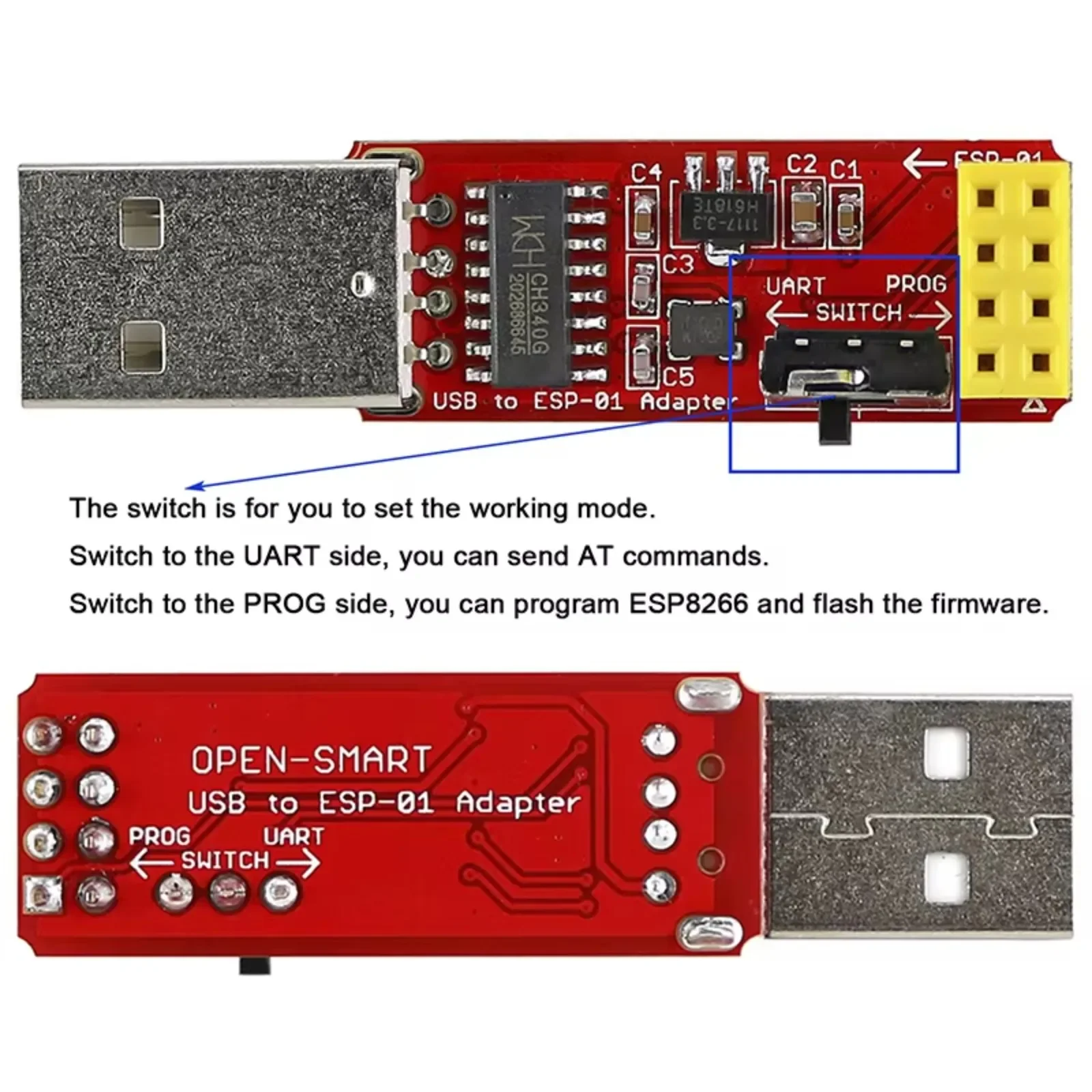 DIYmall ESP-01S Programmer USB to ESP8266 Adapter - CH340G, 3.3V LDO Regulated, UART/PROG for WiFi Module