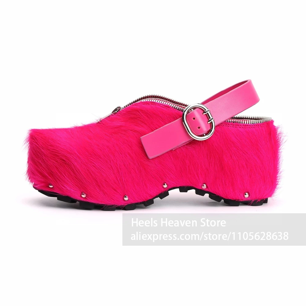 Adjustable Leather Buckle Strap Mules Long Pile Faux Fur Upper Studded Platform Slippers Zipper Accent on Upper Platform Mules