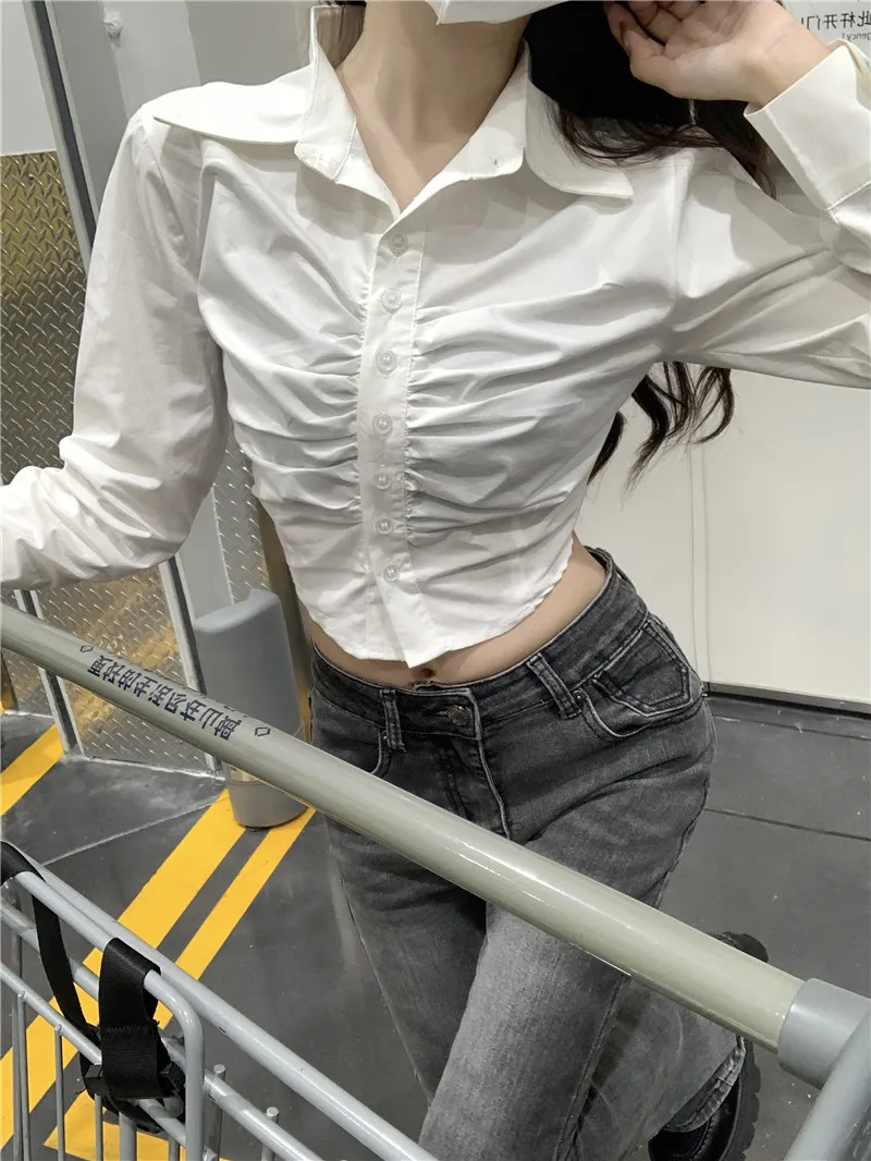 Geplooide Taille Slanke Crop Top Sexy Blouse Blusas Mujer Office Lady White Shirts Hemdjes Chemise Femme Werkkleding Vrouwen Shirt