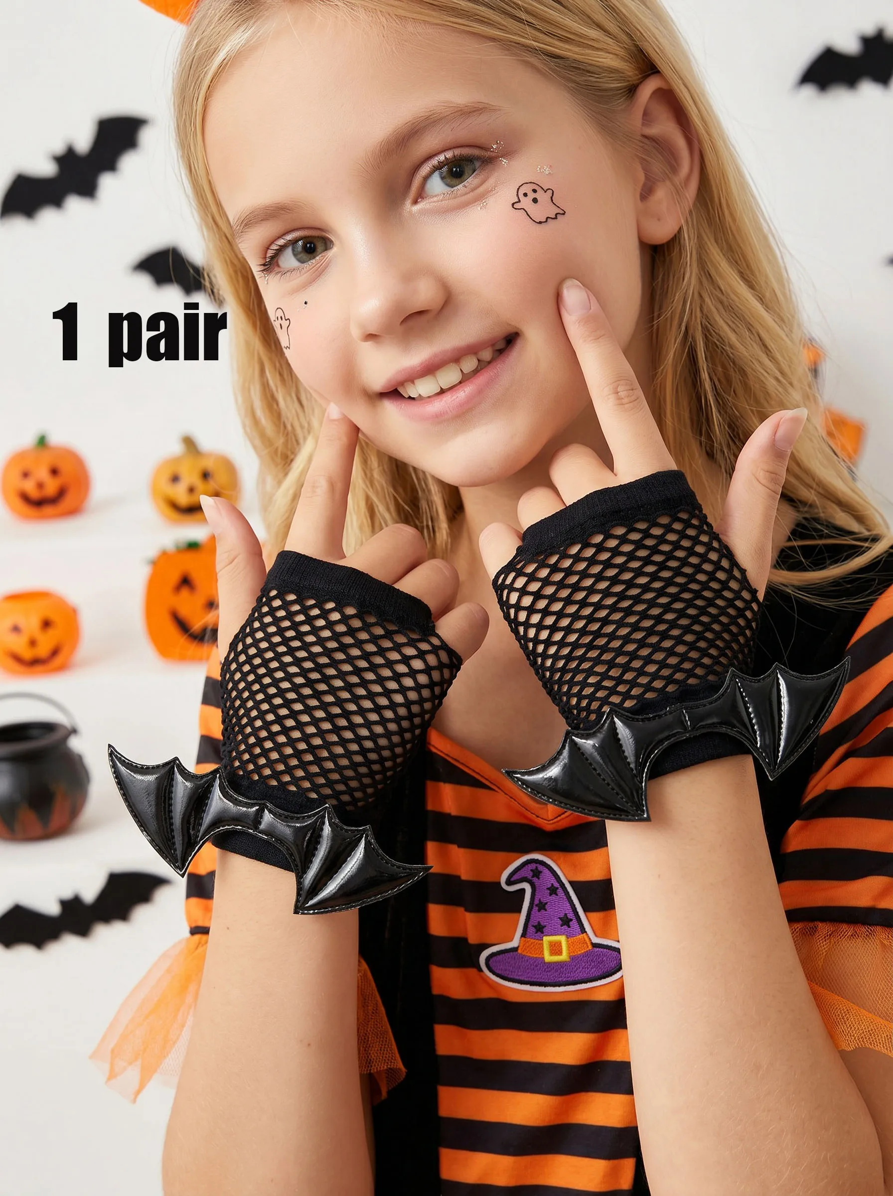 1Pair Kids Girls Fishnet Fingerless Gloves With Bat Wing Decor For 3-8Y Halloween Stage Show Party Holiday Costume Decor Props