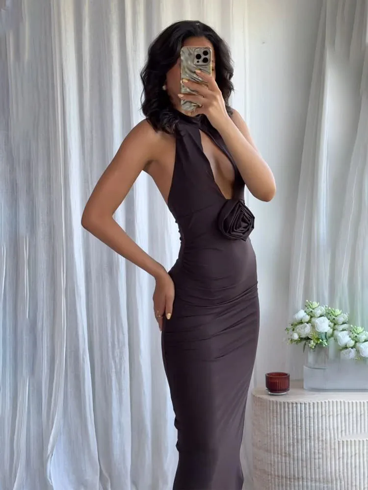 HH femmes mode robe d'été solide col mi-haut sans manches dos nu évider fleur décoration femme Sexy longue robe